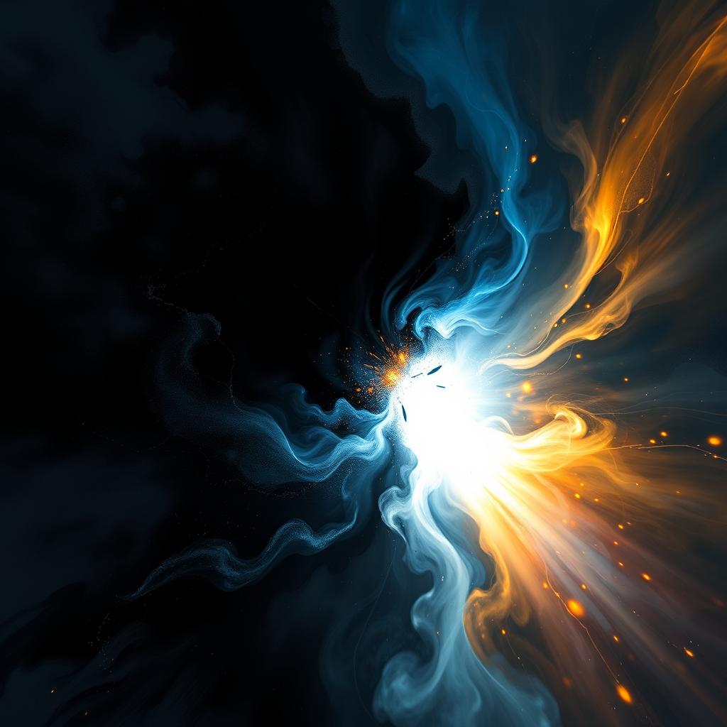 A dramatic scene depicting the collision of dark and light forces in an abstract and artistic representation