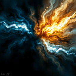 A dramatic scene depicting the collision of dark and light forces in an abstract and artistic representation