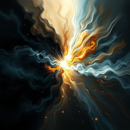 A dramatic scene depicting the collision of dark and light forces in an abstract and artistic representation