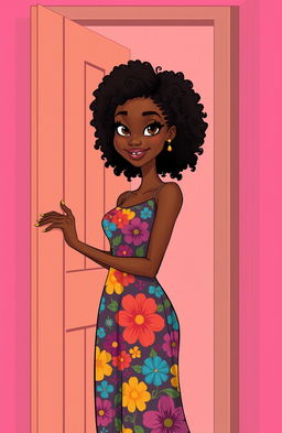 A tall, slender woman with brown skin is standing and opening a door