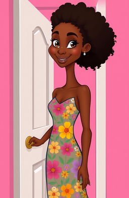 A tall, slender woman with brown skin is standing and opening a door