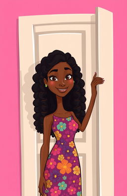 A tall, slender woman with brown skin is standing and opening a door