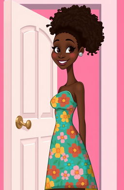 A tall, slender woman with brown skin is standing and opening a door