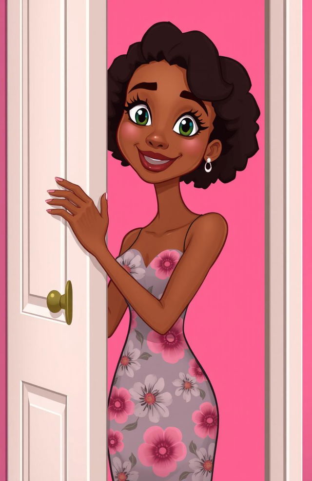 A tall, slender woman with light brown skin gently opening a door