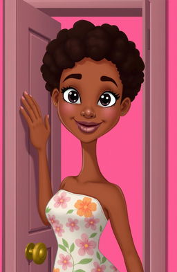 A tall, slender woman with light brown skin gently opening a door