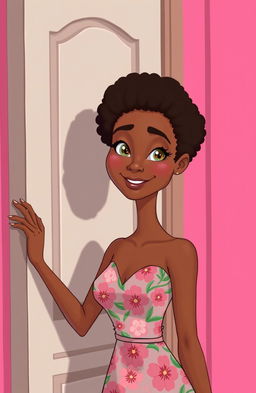 A tall, slender woman with light brown skin gently opening a door