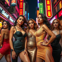 An artistic portrayal of a vibrant urban scene featuring empowered women in glamorous outfits, confidently showcasing their beauty and charisma