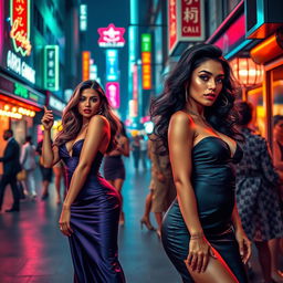 An artistic portrayal of a vibrant urban scene featuring empowered women in glamorous outfits, confidently showcasing their beauty and charisma