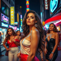 An artistic portrayal of a vibrant urban scene featuring empowered women in glamorous outfits, confidently showcasing their beauty and charisma