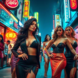An artistic portrayal of a vibrant urban scene featuring empowered women in glamorous outfits, confidently showcasing their beauty and charisma