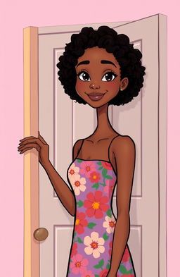 A tall, slender woman with light brown skin, standing gracefully as she opens a door