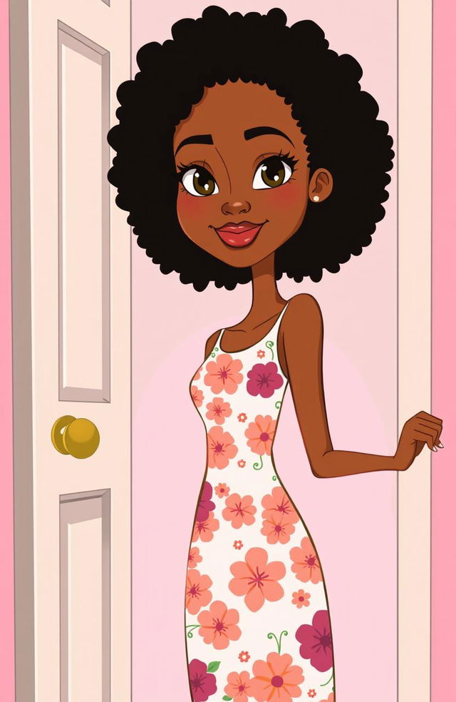 A tall, slender woman with light brown skin, standing gracefully as she opens a door