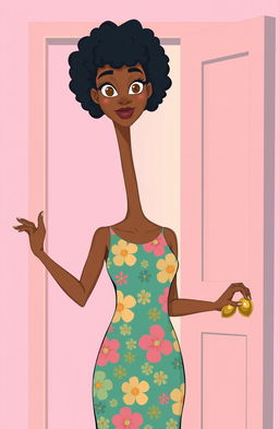 A tall, slender woman with light brown skin, standing gracefully as she opens a door