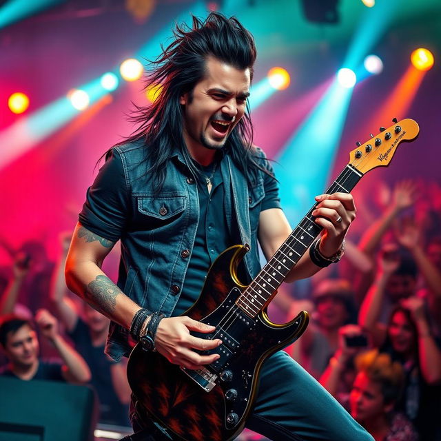 A dynamic and expressive portrait of a male musician, Nikita Valeyev, with long dark hair styled artistically, playing an electric guitar on stage