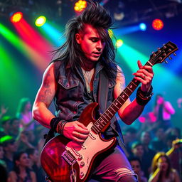A dynamic and expressive portrait of a male musician, Nikita Valeyev, with long dark hair styled artistically, playing an electric guitar on stage