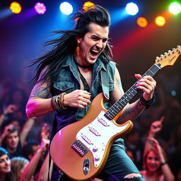 A dynamic and expressive portrait of a male musician, Nikita Valeyev, with long dark hair styled artistically, playing an electric guitar on stage