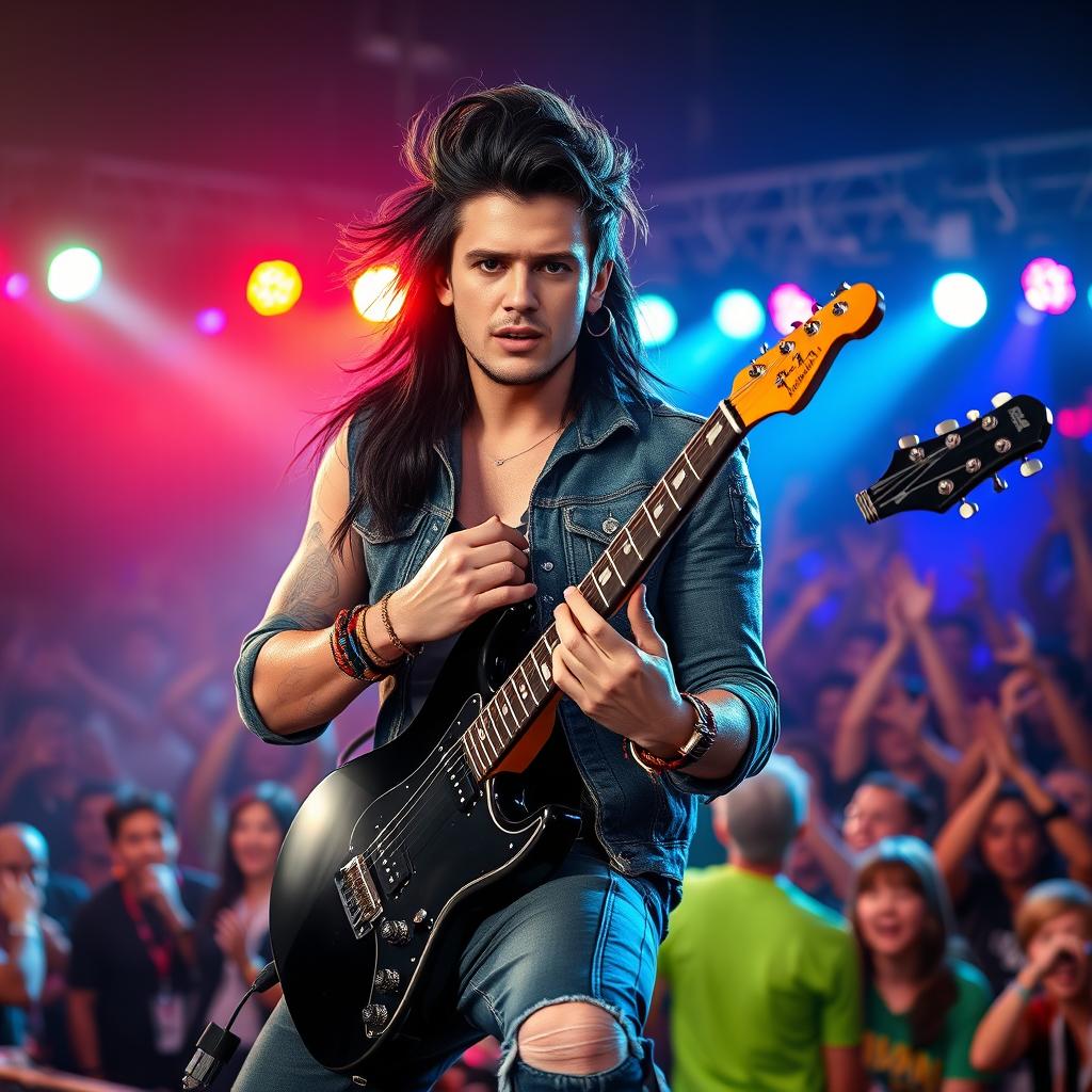 A dynamic and expressive portrait of a male musician, Nikita Valeyev, with long dark hair styled artistically, playing an electric guitar on stage