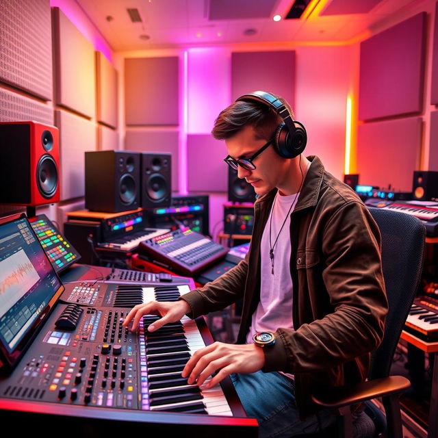 A vibrant and creative scene depicting Nikita Valeyev, a talented beatmaker, in a modern music studio