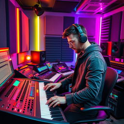A vibrant and creative scene depicting Nikita Valeyev, a talented beatmaker, in a modern music studio