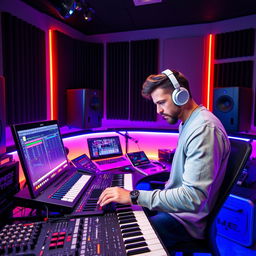 A vibrant and creative scene depicting Nikita Valeyev, a talented beatmaker, in a modern music studio