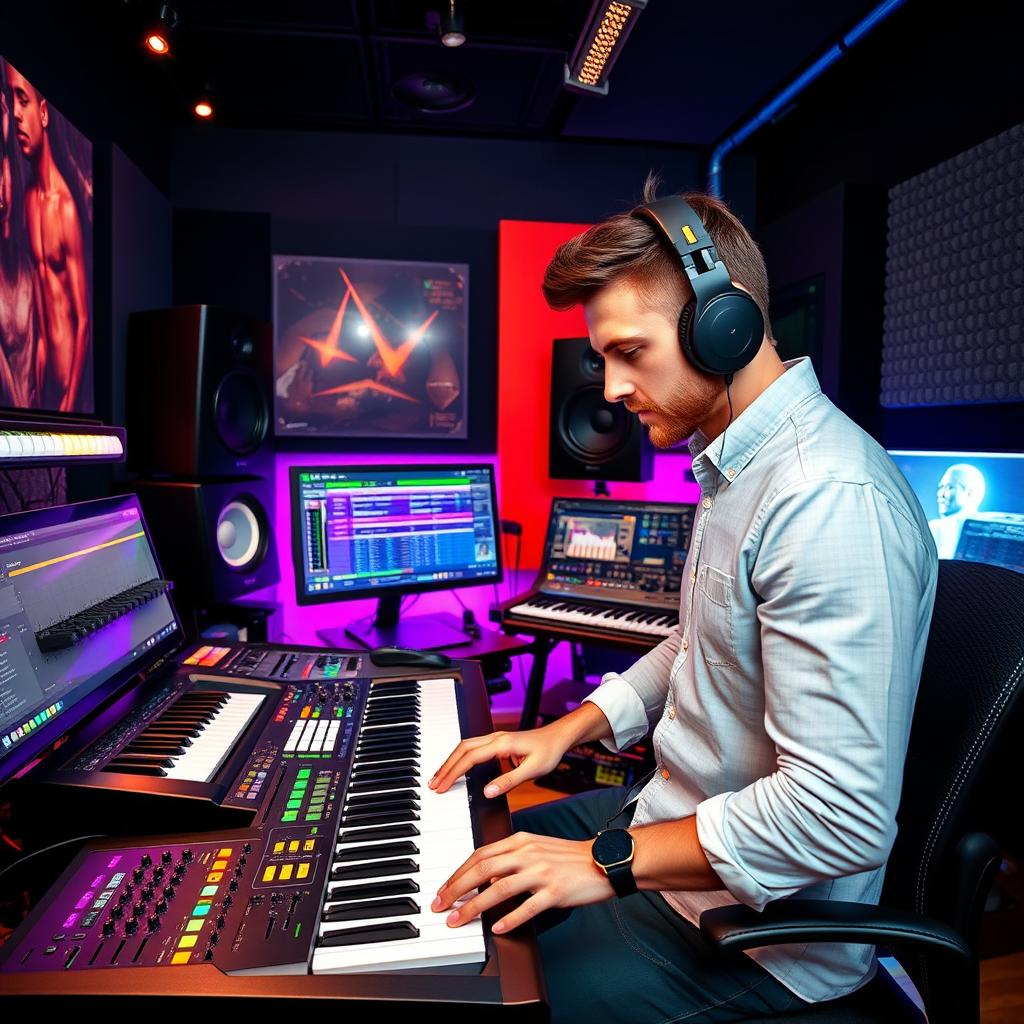 A vibrant and creative scene depicting Nikita Valeyev, a talented beatmaker, in a modern music studio