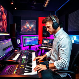 A vibrant and creative scene depicting Nikita Valeyev, a talented beatmaker, in a modern music studio