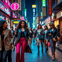 A dynamic and vivid street scene depicting women in stylish outfits confidently interacting with their surroundings in a bustling urban environment
