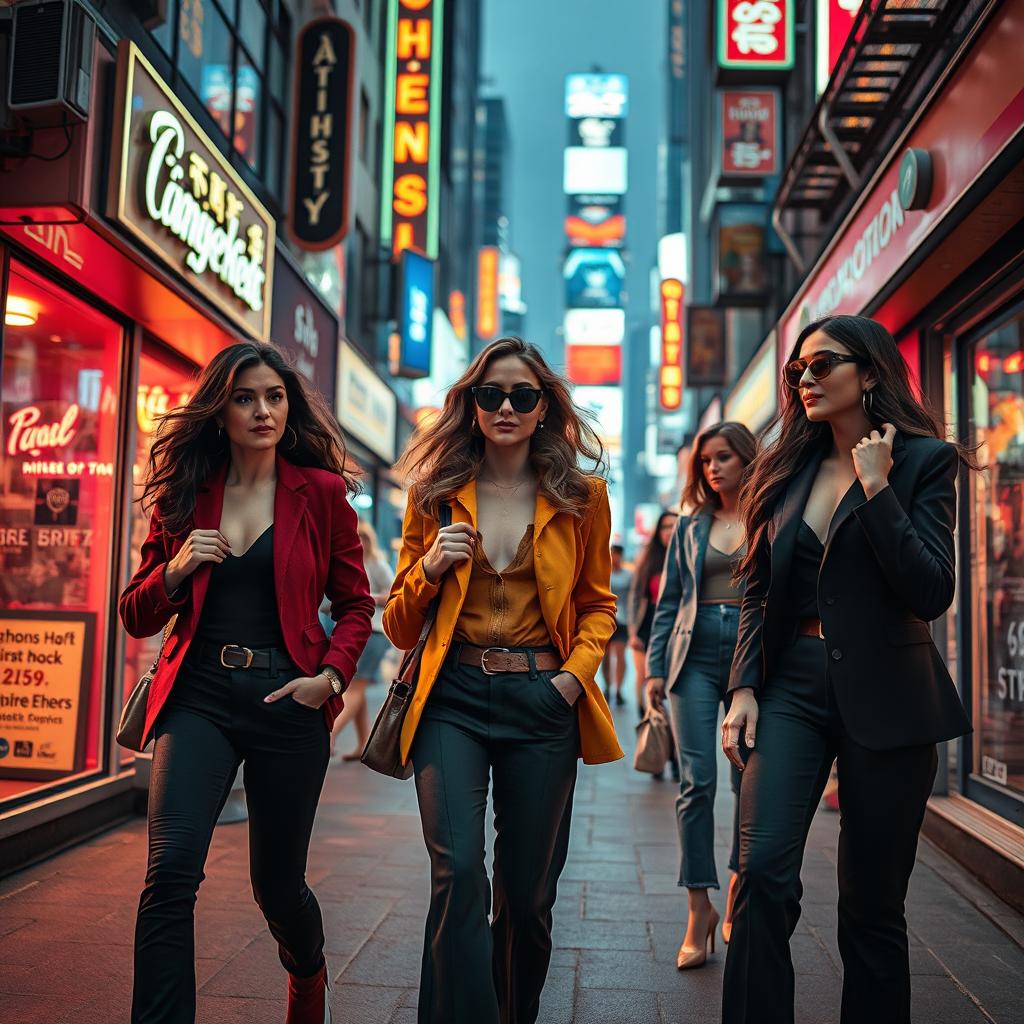 A dynamic and vivid street scene depicting women in stylish outfits confidently interacting with their surroundings in a bustling urban environment