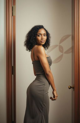 A tall slender woman with light brown skin and medium length curly hair, her bright eyes sparkling with curiosity as she opens a door