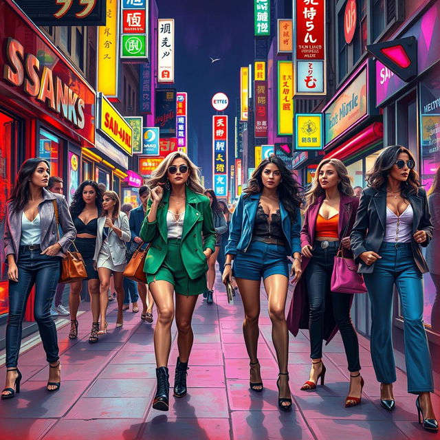 A dynamic and vivid street scene depicting women in stylish outfits confidently interacting with their surroundings in a bustling urban environment