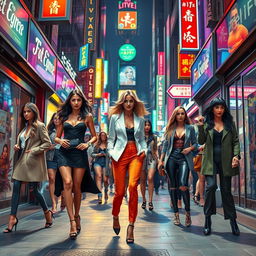 A dynamic and vivid street scene depicting women in stylish outfits confidently interacting with their surroundings in a bustling urban environment