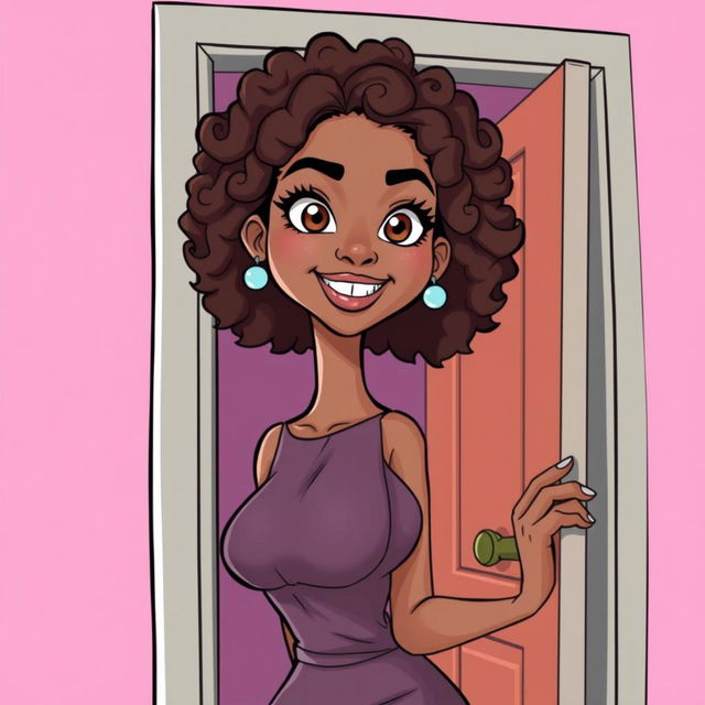 A tall slender woman with light brown skin and medium length curly hair, her bright eyes shining with excitement as she opens a door