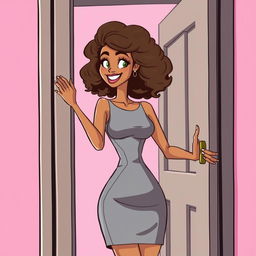 A tall slender woman with light brown skin and medium length curly hair, her bright eyes shining with excitement as she opens a door