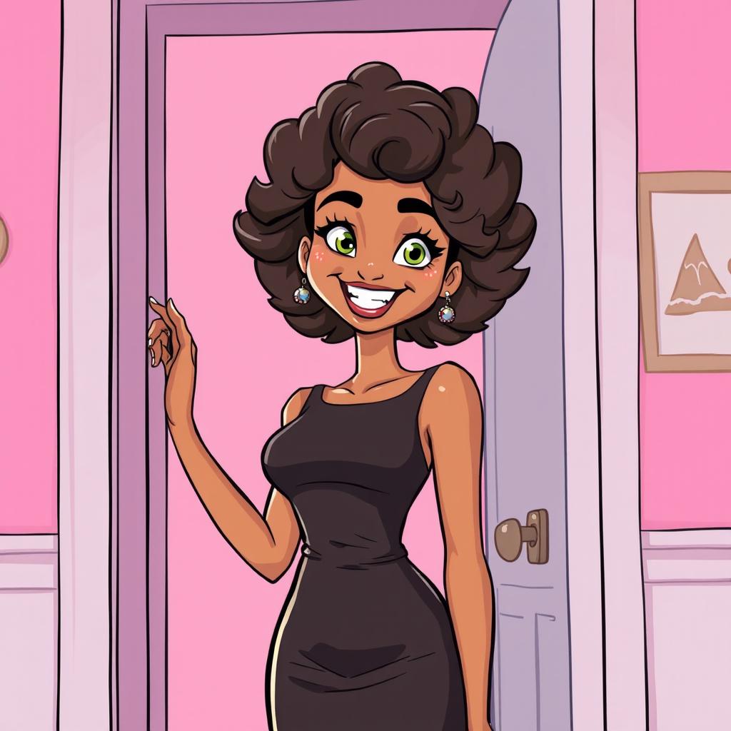 A tall slender woman with light brown skin and medium length curly hair, her bright eyes shining with excitement as she opens a door