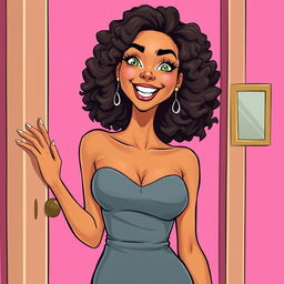A tall slender woman with light brown skin and medium length curly hair, her bright eyes shining with excitement as she opens a door