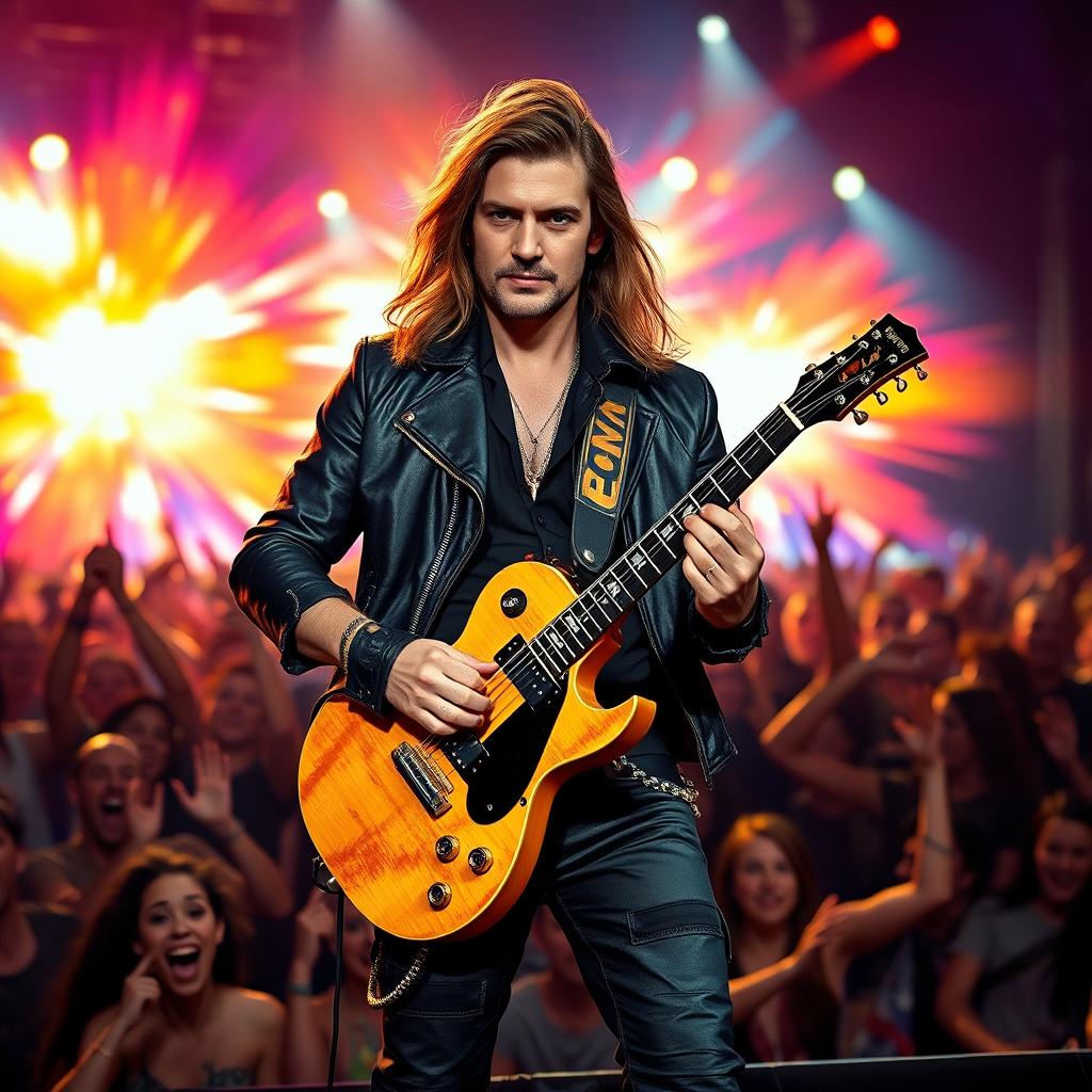 An inspiring and heroic depiction of Nikita Valeyev, a charismatic musician, standing confidently on stage with a guitar in hand