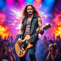 An inspiring and heroic depiction of Nikita Valeyev, a charismatic musician, standing confidently on stage with a guitar in hand