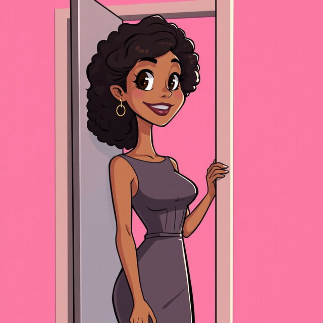 A tall slender woman with light brown skin and medium length curly hair, her bright black eyes radiating enthusiasm as she opens a door