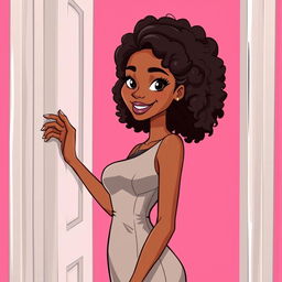 A tall slender woman with light brown skin and medium length curly hair, her bright black eyes radiating enthusiasm as she opens a door