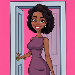 A tall slender woman with light brown skin and medium length curly hair, her bright black eyes radiating enthusiasm as she opens a door