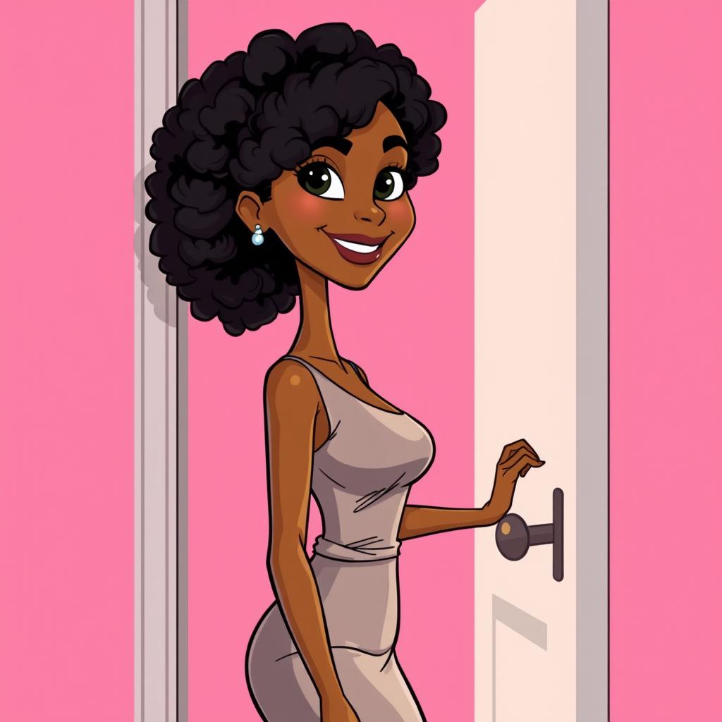 A tall slender woman with light brown skin and medium length curly hair, her bright black eyes radiating enthusiasm as she opens a door