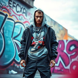 A striking and powerful depiction of Nikita Valeyev, envisioned as a Russian rapper