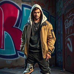 A striking and powerful depiction of Nikita Valeyev, envisioned as a Russian rapper