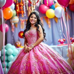 A vibrant and celebratory scene depicting a beautiful young woman in a stunning quinceañera dress, featuring intricate details and rich colors