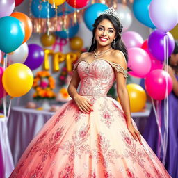 A vibrant and celebratory scene depicting a beautiful young woman in a stunning quinceañera dress, featuring intricate details and rich colors