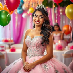 A vibrant and celebratory scene depicting a beautiful young woman in a stunning quinceañera dress, featuring intricate details and rich colors
