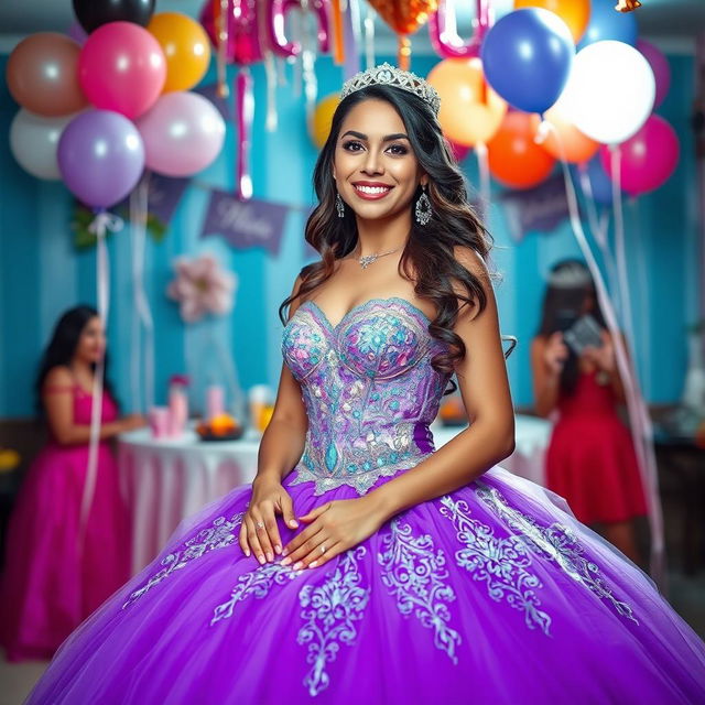 A vibrant and celebratory scene depicting a beautiful young woman in a stunning quinceañera dress, featuring intricate details and rich colors