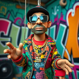 A creative stop-motion puppet design concept inspired by a Russian rapper, showcasing bold fashion choices typical of hip-hop culture