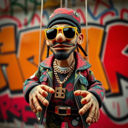 A creative stop-motion puppet design concept inspired by a Russian rapper, showcasing bold fashion choices typical of hip-hop culture