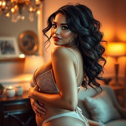 A detailed and artistic depiction of a voluptuous woman showcasing her confidence and beauty